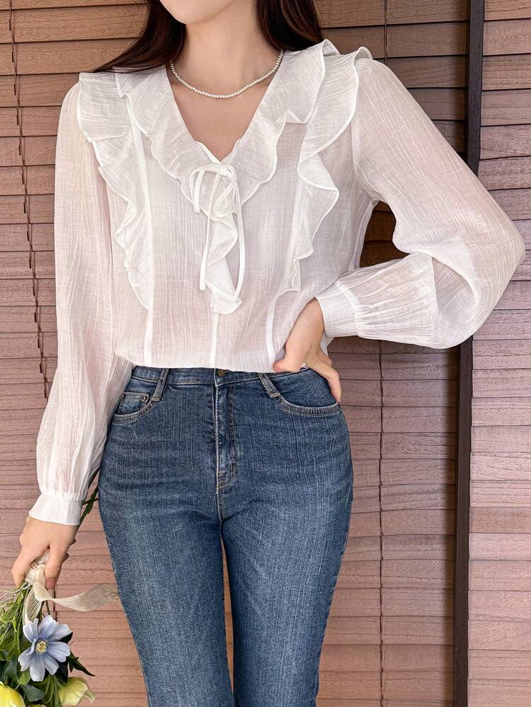 Elegant Summer Slim Fit Solid Color Lace Trim Long Sleeve Women Blouse,Ruffle Sheer,Fall Clothes