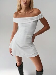 TRNVIE Minimalist Off Shoulder Low-Waist Split Hem Versatile Midi Dress - White - View 3