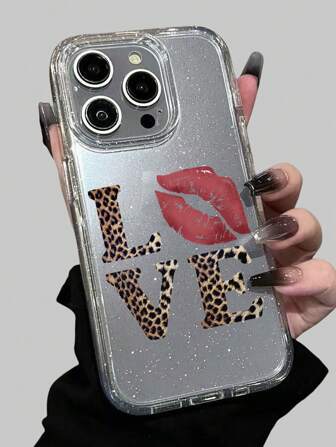 Grunge Punk 1 pieza Funda de teléfono transparente con brillo negro con estampado de leopardo y amor compatible con iPhone