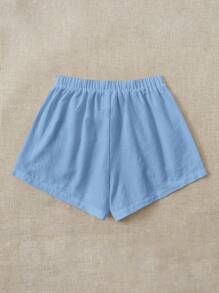 SHEIN EZwear Short en coton et lin blanc ample et décontracté avec ceinture à nouer et poches latérales - Bleu azur - Voir 2