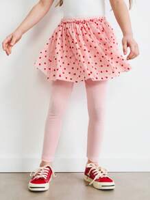 SHEIN Girls Cute Heart Pattern Mesh Skirt With Pink Tight Leggings, Suitable For Valentine's Day, Spring