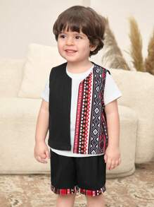 SHEIN 2pcs Baby Boy Retro Print Cardigan Vest And Shorts Set, Casual Daily Outfit, Suitable For Spring And Summer - Black - View 5