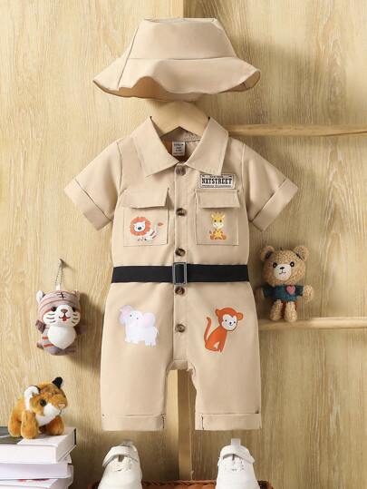 SHEIN 婴幼儿男孩可爱丛林动物印花连体衣带帽，休闲装，适合日常穿着、郊游、聚会、度假，适合春夏季（无腰带）