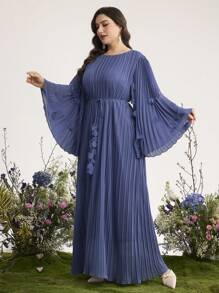 Graceveil 大码女式时尚优雅褶饰花朵摇曳连衣裙 - 霧霾藍 - 查看 5