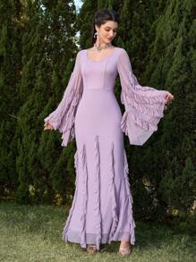 Modelyn Women's Elegant Solid Color Ruffle Flare Sleeve Dress - Dusty Purple - View 1