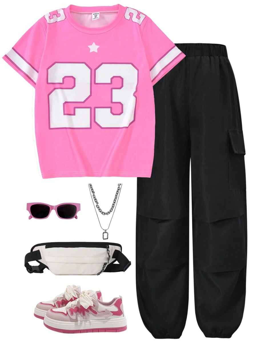 Tween Girl Numeral Print Short Sleeve Top & Pants 2 Pieces Set - Pink - View 1