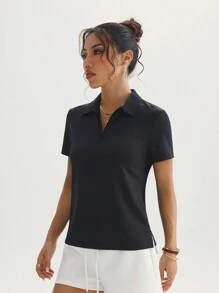 Easithlete Women Solid Color Turn-Down Collar Everyday Fitness Sports Polo Shirt - Black - View 3