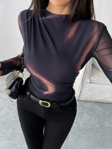 Women's Elegant Wavy Mesh Printed T-Shirt Top Fall Cloth For Women - Black - View 4