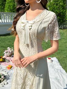 Modelyn Women Elegant Solid Color Lace Splice Bow Decor Long Dress - White - View 2