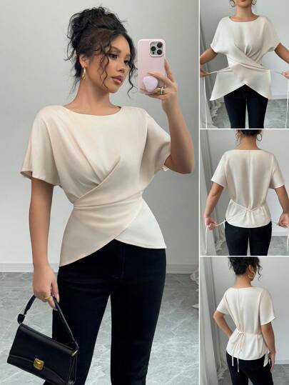 Selianne Blusa de mujer de nueva temporada de manga corta con diseño de cintura ceñida y cruce, inspiración francesa de corte ajustado y cuello redondo, versátil para oficina y uso casual