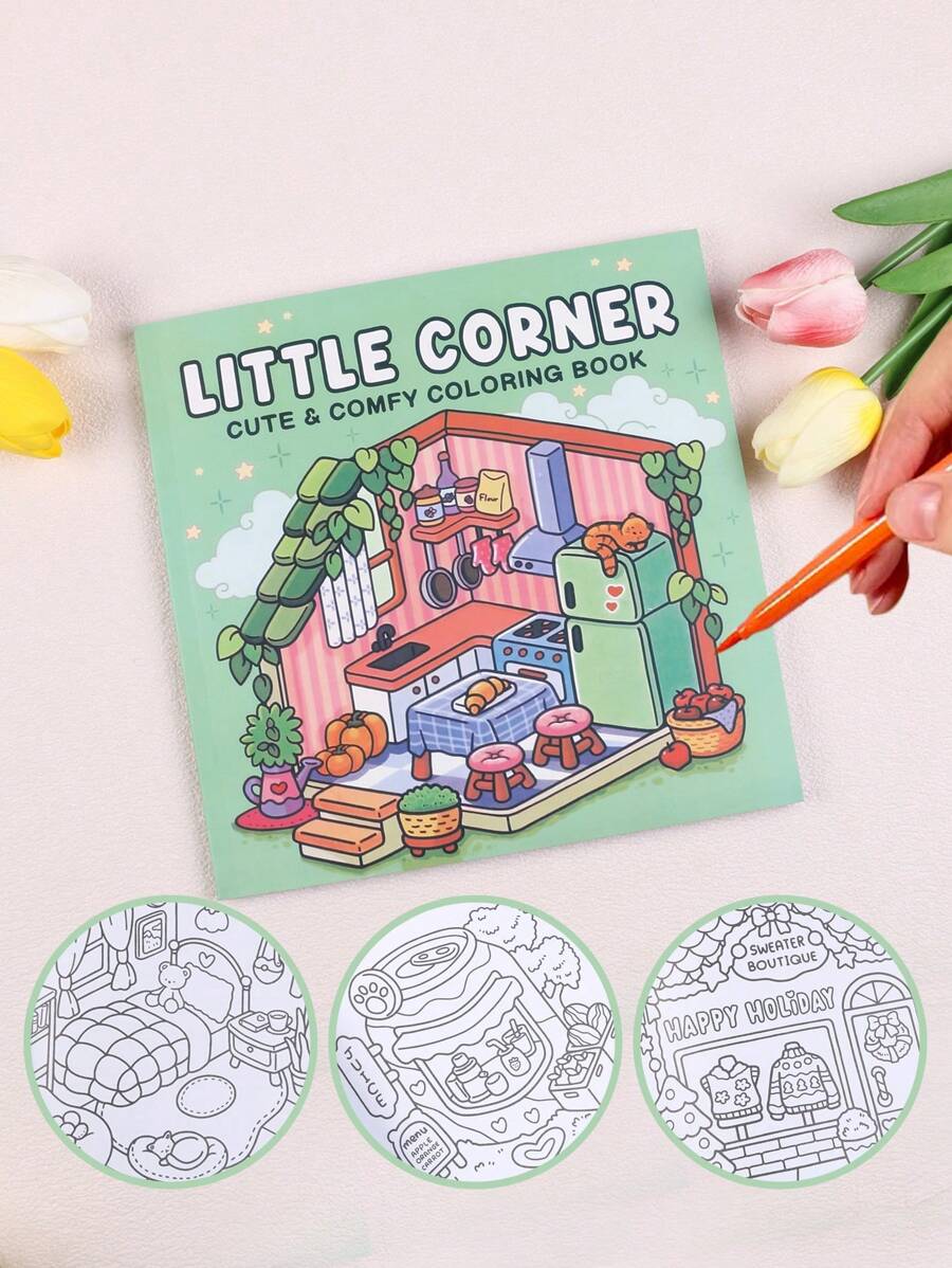 SHEIN 1pc Nook: Sách tô màu với thiết kế không gian ấm cúng siêu dễ thương để thư giãn (Tô màu không gian ấm cúng) Quà tặng cho bạn bè, cặp đôi và gia đình - màu xanh lá - Xem 1