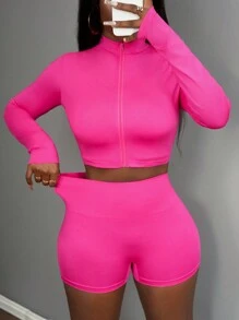 Slaydiva 3pcs Summer Women Sports Set: Zipper Half Stand Collar Tight Long Sleeve T-Shirt Jacket, Sleeveless Cropped Tank Top, Sports Shorts - Style B