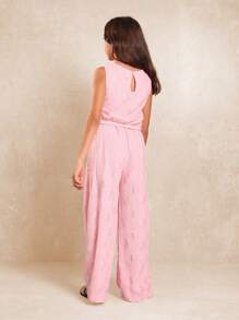 SUMWON Summer Broderie Anglaise Smocked Waist Jumpsuit Girls Teen Party Holiday Beach Lightweight Elegant Wide Leg Sleeveless Special Occasion - Pink - View 2