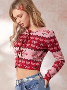 Easelle 女士蝴蝶结心形玫瑰印花前系带腰带修身长袖开衫，适合秋冬季、情人节 - 彩色 - 查看 4