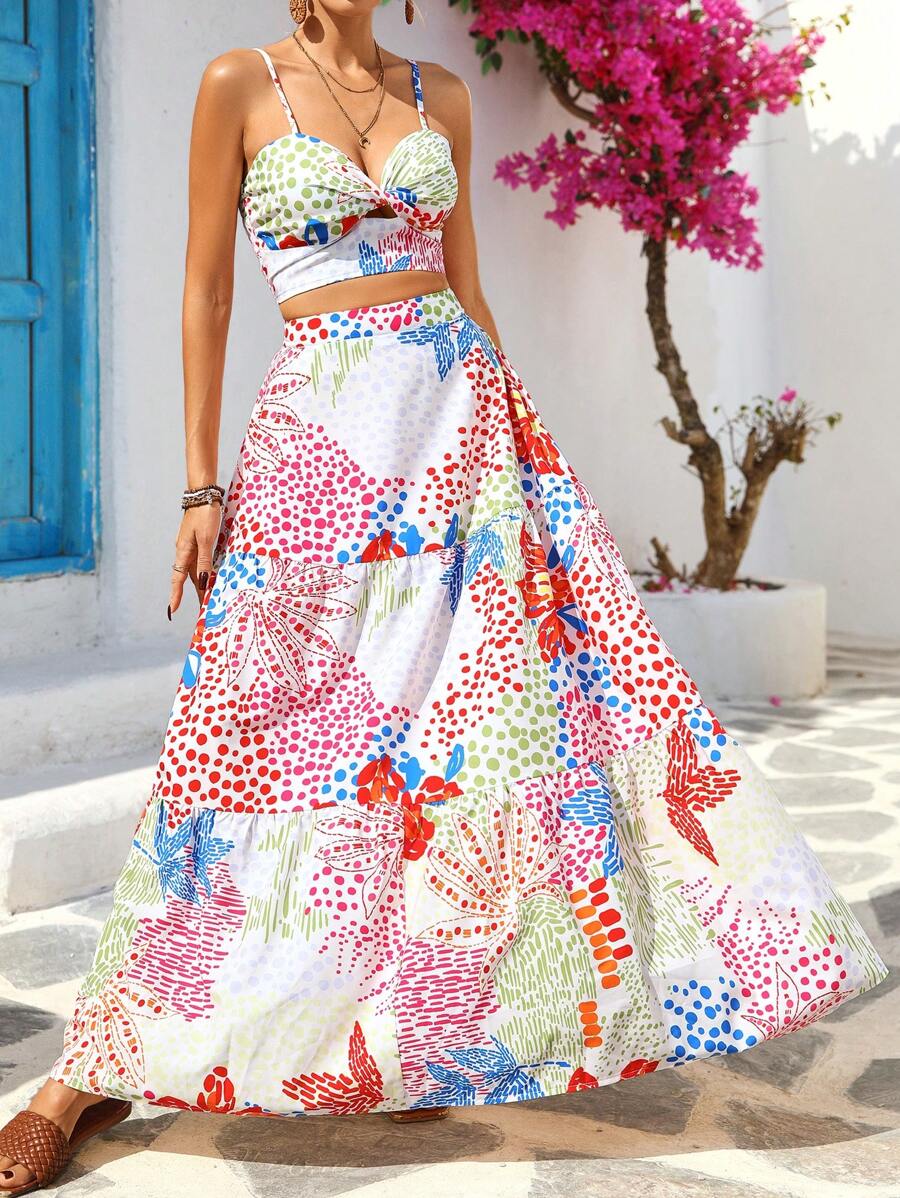 Vivid Eden 2 件套女士度假波点印花扭纹吊带背心和裙子套装，女士度假装，女士夏季装，女士夏季装，女士两件套 - 粉色 - 查看 1