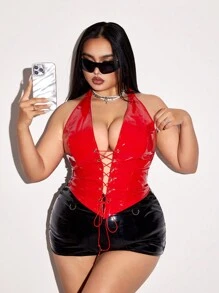 SHEIN ICON 大码系带前 PU 皮革吊带红色上衣 - 紅色 - 查看 3