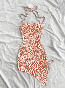 Soleia Women's Vacation Red & White Zebra Print Asymmetric Hem Halter Bowknot Bodycon Dress, Cute & Fashionable Outfit, Suitable For Autumn/Winter