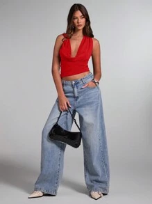 SHEIN BAE Top de punto sin espalda con cuello envolvente y detalles decorativos de metal en color borgoña sólido, adecuada para citas, noches de chicas, fiestas de cumpleaños, fiestas de cócteles, San Valentín, clubes nocturnos, fiestas navideñas, top sexy
