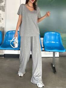 DAZY 女士休闲街头风T恤两件套，春夏家居服套装 - 灰色 - 查看 4