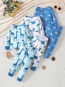 男婴三件套睡衣套装：可爱卡通印花和条纹组合印花紧身长袖 T 恤和紧身长裤