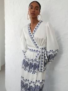 Aveloria Modichic Elegant Vacation Style Blue & White Porcelain Print Lantern Sleeve Wrap Waist Design Long Sleeve Dress For Women - Multicolor - View 1