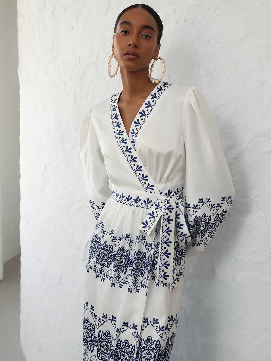 Aveloria Modichic Elegant Vacation Style Blue & White Porcelain Print Lantern Sleeve Wrap Waist Design Long Sleeve Dress For Women - Multicolor - View 1