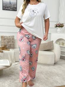 Cute Plus Size Koala Graphic White Top And Koala Print Coral Pink Pants Set, Lounge Wear