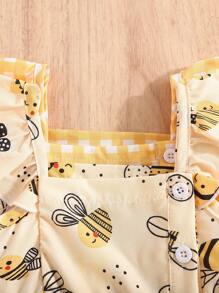 SHEIN Vintaside Kids Ensemble de 2 pièces de robe d'été adorable pour bébé fille imprimé jaune et abeille avec manches courtes - Ensemble de 2 pièces de robes d'été pour tout-petits imprimé jaune et abeille avec manches courtes
