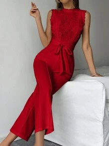 SHEIN Privé 女式无袖高腰蕾丝拼接长款连体裤 - 紅色 - 查看 7