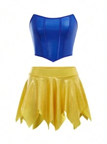 4pcs  Set: Headband + Gloves + Skirt + Top, Blue & Yellow Color Block, Suitable For Teens - Multicolor - View 9