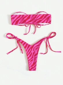 Swim Vcay Women's Sexy Zebra Print Bandeau Bikini Set, Random Print Swimwear, For Summer Beach Vacation