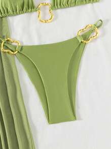 Bonvoyette 3 pièces/Set Femmes Sexy Bikini Brillant de Couleur Unie avec Col Halter, Décoré d'un Anneau Métallique Asymétrique et Robe de Plage Longue en Mesh, Tenue de Bain pour Vacances et Villégiature