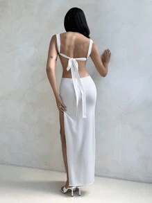 Aloruh Women's Vacation Sexy Bowknot Backless High Slit Dress, With Metal Ring Decor, White