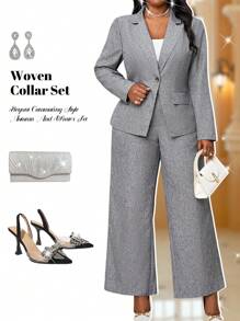 Fleurora 秋冬季优雅工作办公室灰色编织翻领假口袋长袖加大码人造毛皮大衣