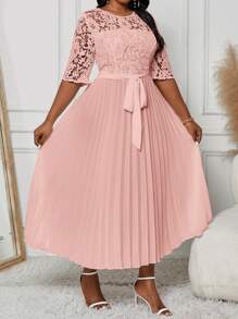 Fleurora Plus Size Holiday Casual Solid Color Lace Splice Empire Waist Pleated Hem Summer Dress Fall Women Clothes Fall Women Dresses