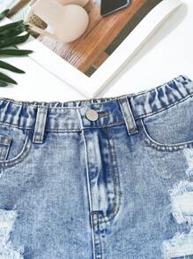 Shorts vaqueros anchos de verano para niñas preadolescentes, con ajuste holgado, diseño desgastado y bajo deshilachado - Azul lavado medio - Ver 5
