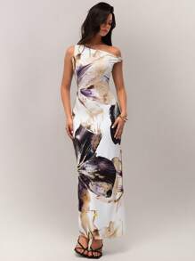 Forever 21 Spring Vacation Beach Big Floral Print Asymmetric Neck Elegant Dress For Women