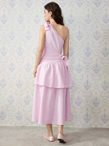 SHEIN MOD 不对称领口蝴蝶结腰部拼布飘逸下摆长裙，粉色 - 粉色 - 查看 7