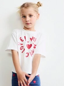 SHEIN Girls Sequined Heart & Letter Print Round Neck Batwing Short Sleeve White T-Shirt, Suitable For Valentine's Day And Spring