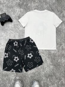 SHEIN Tween Boy Casual Minimalist Football Graphic Round Neck Short Sleeve Top And Shorts 2pcs Sleepwear Set, Loose Fit & Flame Retardant