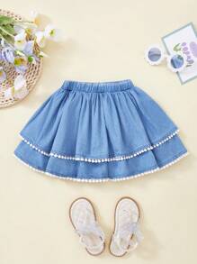 SHEIN 女婴Y2K极简时尚休闲日常白色珍珠荷叶边蓝色牛仔荷叶边层叠半身裙，儿童春夏休闲度假乡村波西米亚风服装，复活节海滩女童装，春假 - 淺色水洗藍 - 查看 2