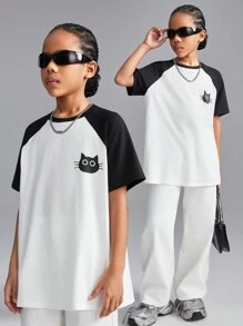 SHEIN Tween Girls Spring/Summer Crew Neck Cat Print Color Block Loose Fitting T-Shirt - Black and White - View 6
