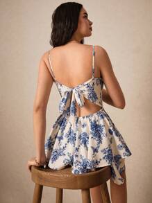 Poéselle 女士花卉印花无袖度假连体衣、沙滩裙、浪漫蝴蝶结连衣裙、露背连衣裙