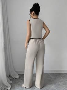 Siren Gaze Spring And Summer Women's Lace-Up Cardigan Suit, Color Block Bow, Women's Top, Solid Color Casual Loose Trousers, Women's Two-Piece Set, Daily Casual, Workplace Commuting Wear Ladies' Solid Color Top And Long Set, Perfect For Vacation/Leisure Time