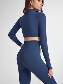 SHEIN Sports 女士纯色长袖上衣和紧身裤运动套装女士健身套装 - 霧霾藍 - 查看 4