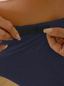 SHEIN Quần short thường ngày cạp cao có thể điều chỉnh màu trơn cho bà bầu - Màu xanh hải quân - Xem 4