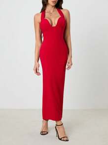 SHEIN Tall Ui Cut-Out Neck Line Long Bodycon Dress For Women - Red - View 1