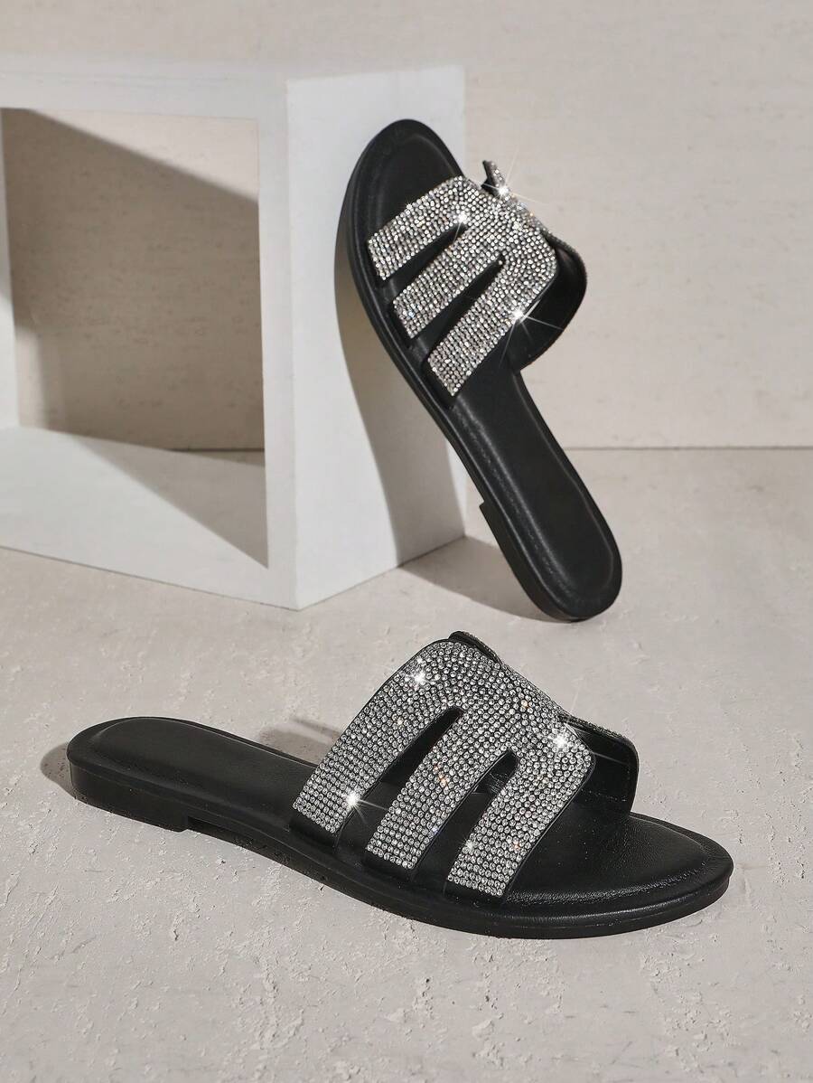SHUZIA Elegante sandalia plana de deslizar de verano de piel de PU negra con aplicaciones de cristal