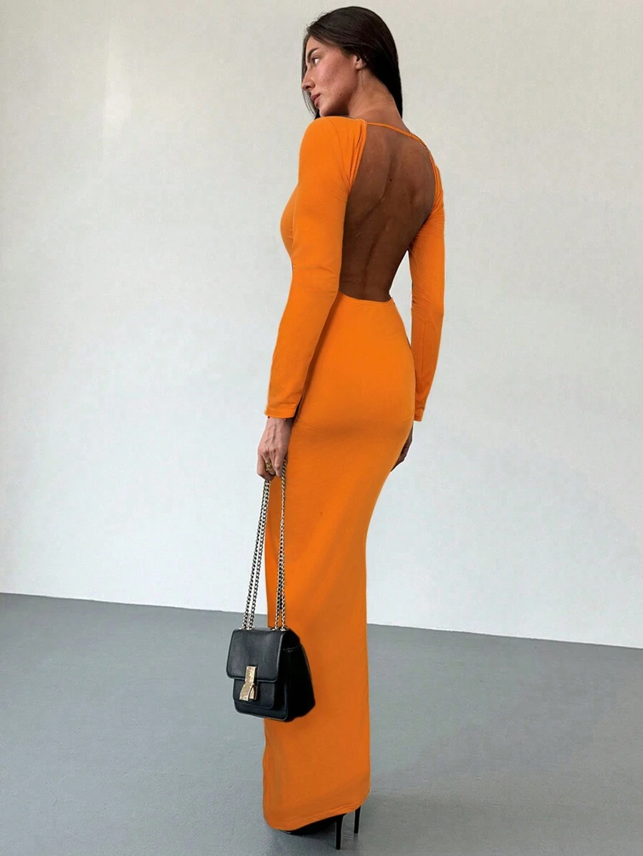 Aloruh Women's Backless Solid Color Casual Dress, Simple Style For Everyday Wear - Orange - View 1