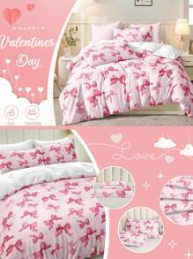 3件套水彩粉色蝴蝶结情人节数码印花床上用品套装（1个被套+2个枕套，不含被芯），可爱少女风，日常柔软涤纶面料，适合四季卧室/宿舍，浪漫家居装饰，优雅床上用品 - 粉色 - 查看 3